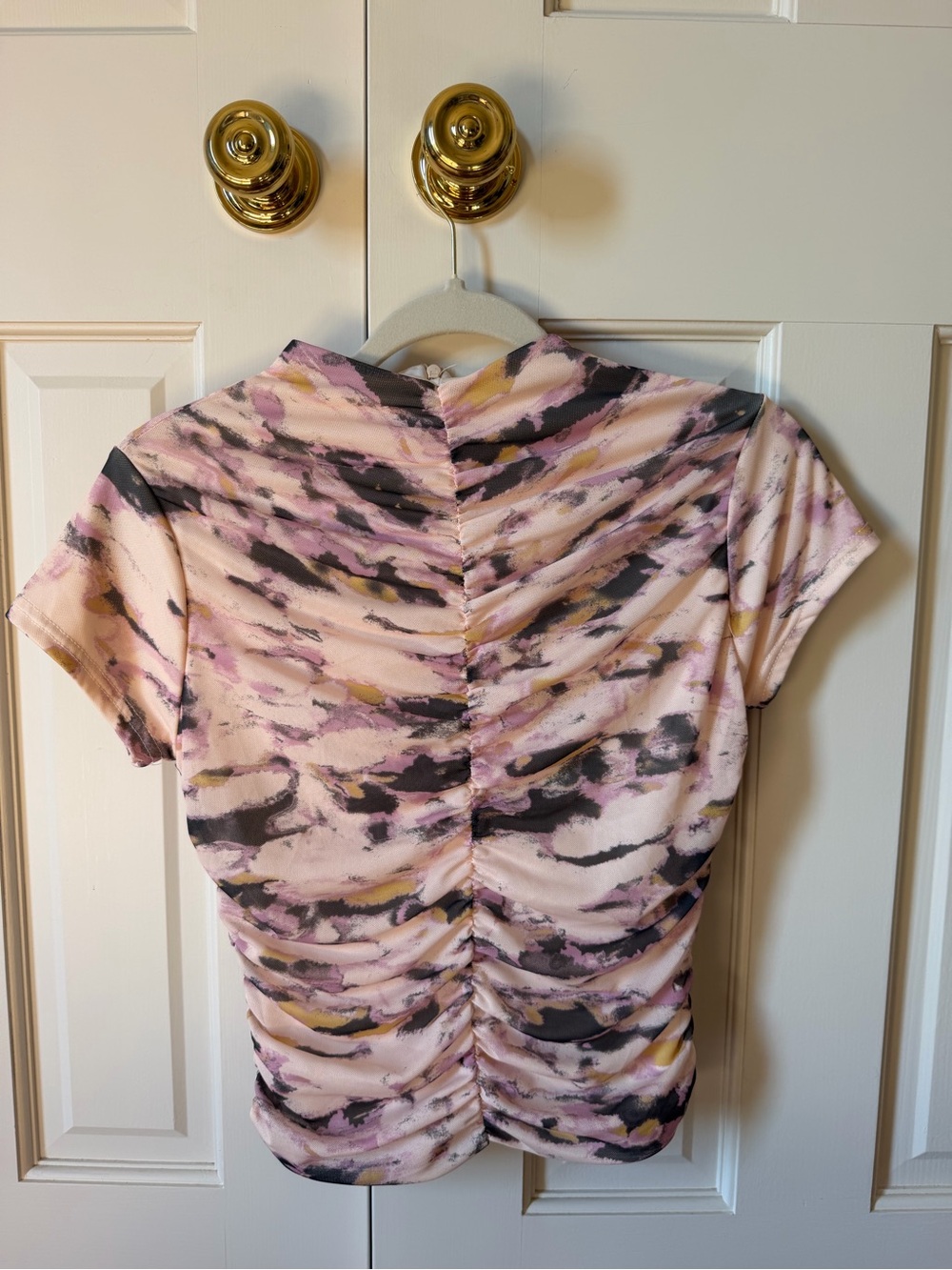 SHEIN Pink Abstract Ruched Short Sleeve Top